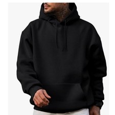 Plain Black Sweater Mens Size Large Pullover Hoodie Poly Blend Loose Fit NWT