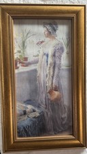 Vintage romantische edwardianische Dame Blumen Interieur gerahmter Wandkunstdruck