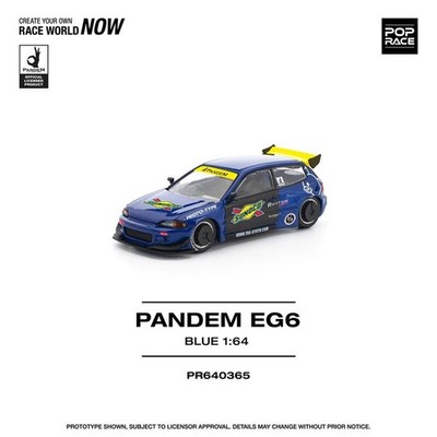 Pop Race 1:64 Civic Pandem EG6 Mk5 Rocket Bunny Widebody Blue Sunoco Model Car