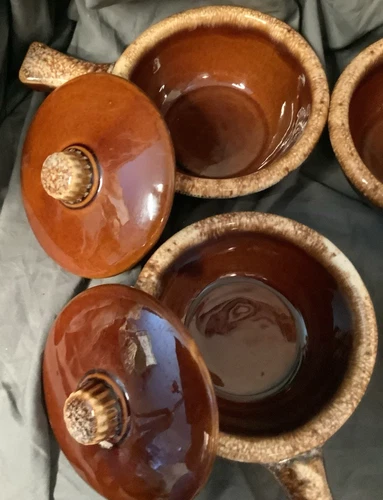 4 Vintage Hull USA Brown Drip Ware Oven Proof Soup Bowls With Lids French Onion