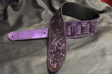 Guitar strap leather tooled hand made in USA 3.5" floral riffs pearl purple