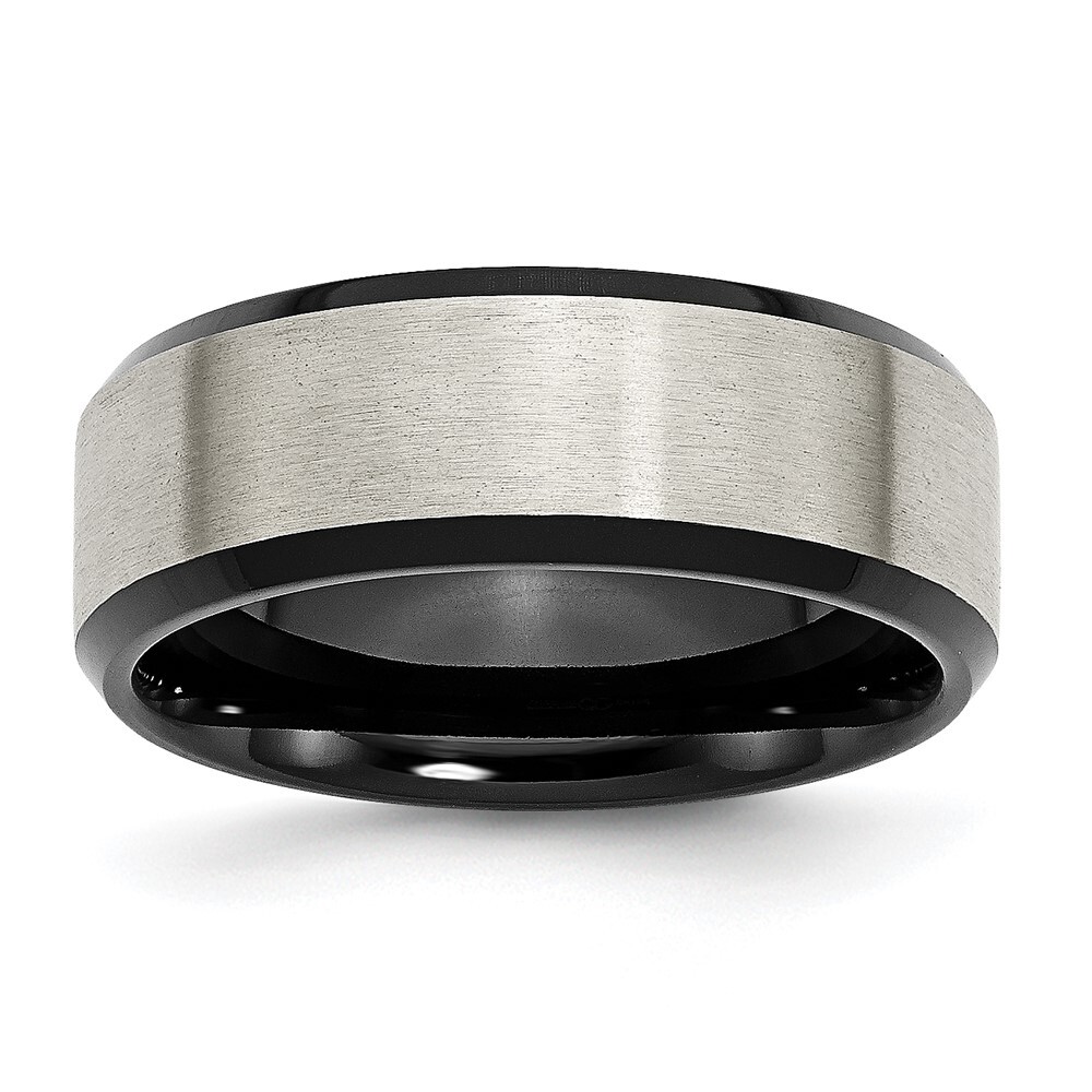 Titanium Brushed Center Black IP-plated 8mm Beveled Edge Band Ring Size 8
