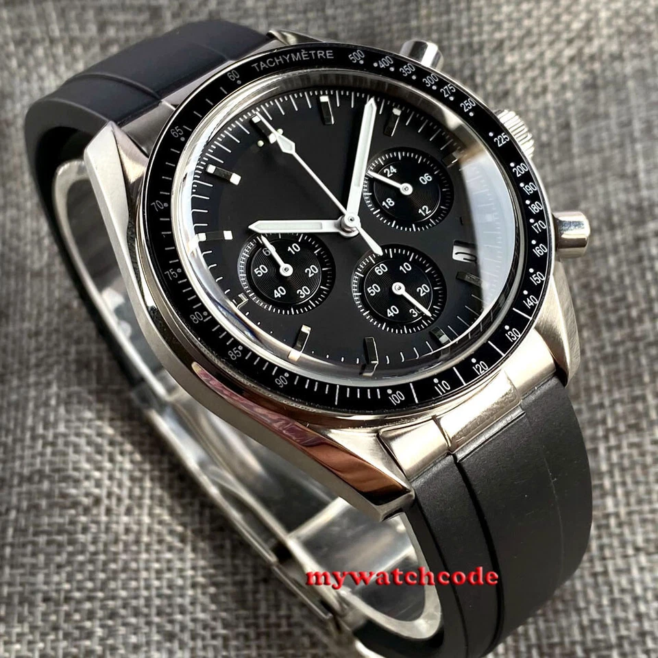 40mm Bliger black sterile dial steel case Full Chronograph Quartz Mens Watch - Image 2 of 4