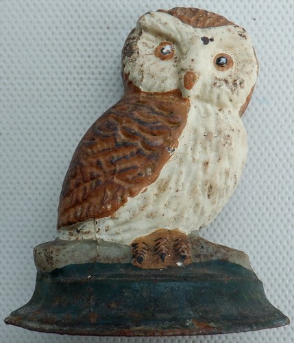 VINTAGE Owl Doorstop Cast Iron Hand Painted Bird Retro 10 cm Height - Picture 7 of 11