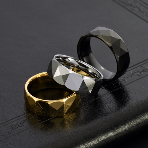 6/8mm Faceted Mens Ring Polished Fashion Engagement Band for Couple Comfort Fit - Picture 3 of 11