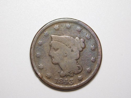 US MÜNZEN 1843 GEFLOCHTENE HAARE GROSSER CENT *GEBOGEN*