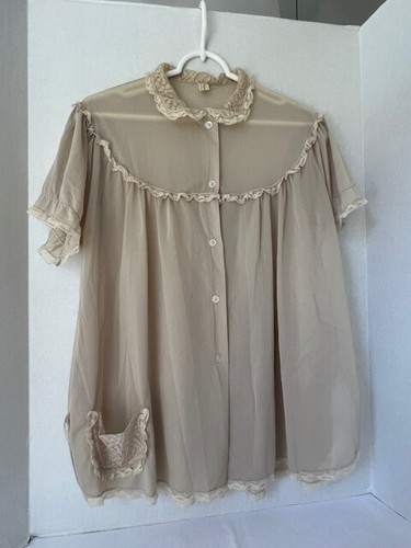Vintage TEXSHEEN 3 PIECES Robe BabyDoll Nightie Top Bloomers SIZE 38 Beige Tan - Picture 3 of 18