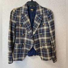 Alexia Admor Women Size 10 Blue Metallic Tartan Plaid Double Breasted Jacket