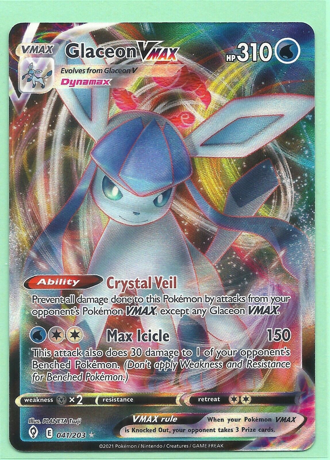 GLACEON VMAX 041/203- EVOLVING SKIES POKEMON CARD-ULTRA RARE- HOLO- MINT-  FRESH