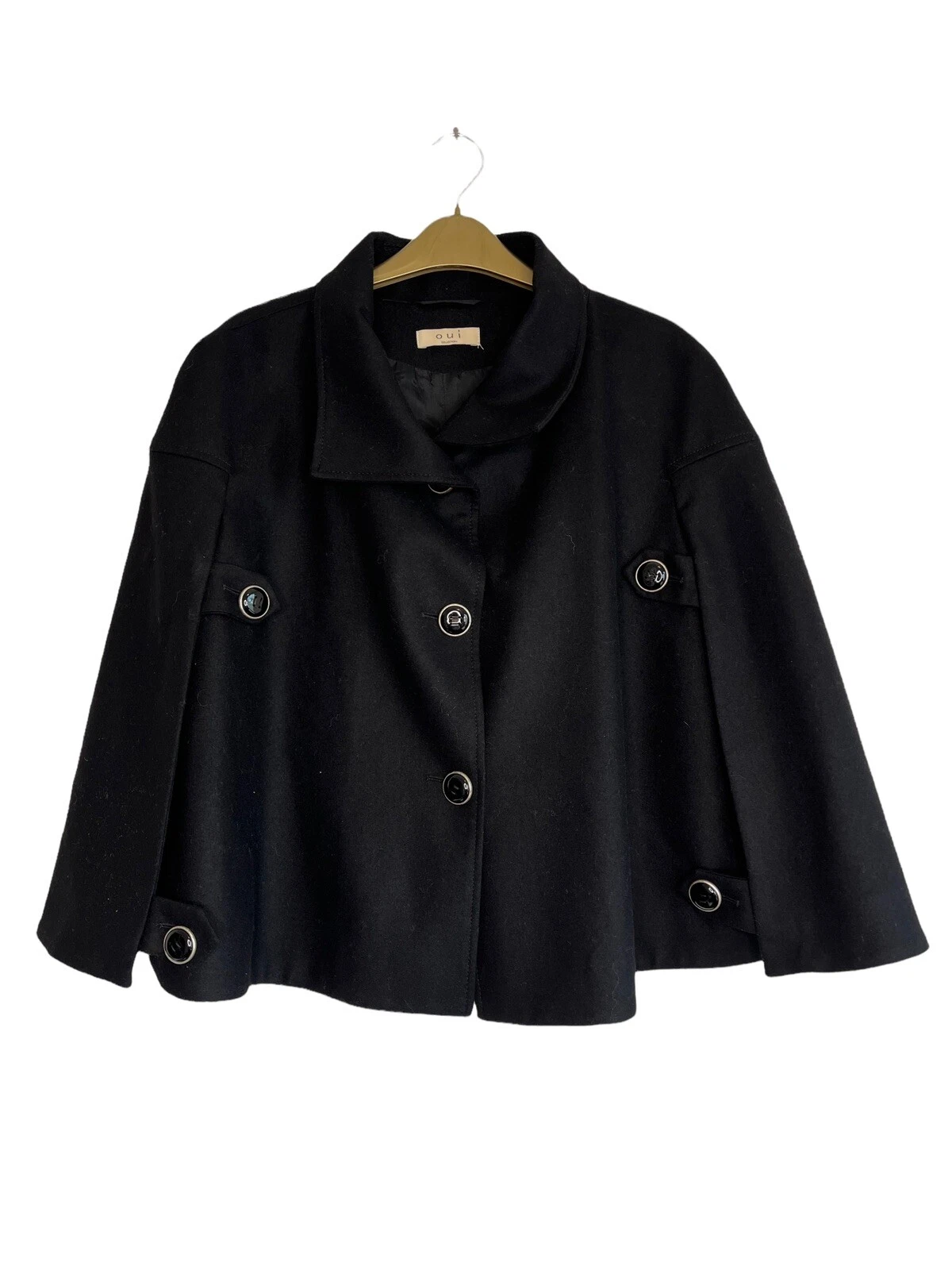 OUI Cape Jacket Coat Poncho Size 14 70% Fleece Wool 10% Cashmere Black Fits 12