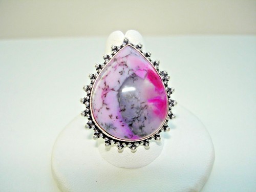AB Pink Purple Lavender Dyed Dendritic Opal One-Of-A-Kind Ring .925 Silver 7.75