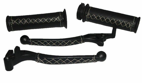 "FüR Royal Enfield Uce Schwarz Leder Bedeckt 7/8 \" Lenker Griff & Hebel Set Aes"-image