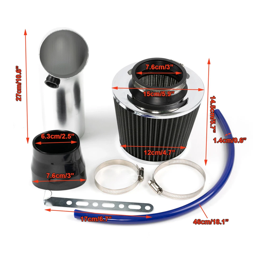 Auto Sportluftfilter Silber Air Intake Filter Kit Sport Luftfilter 3" 76mm KFZ / - Bild 2 von 4