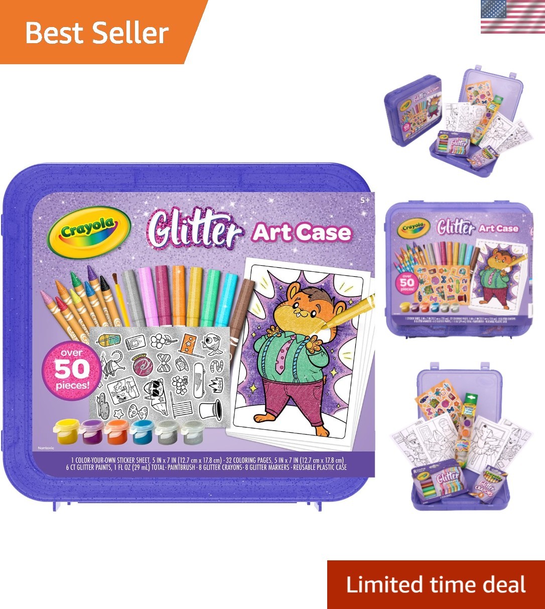 Deluxe Glitter Art Set with Crayons, Markers, and Coloring Pages for Kids