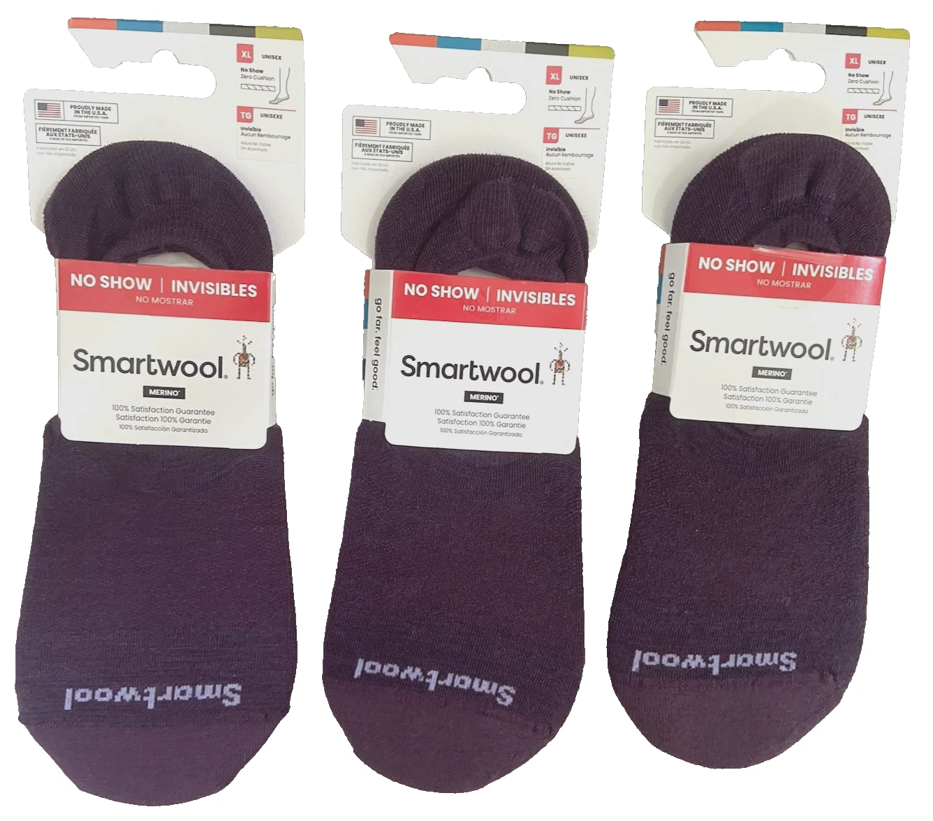 Lot of 3 Pairs SmartWool Invisibles No Show Zero Cushion Socks Purple Violet XL