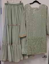 Mint green sequin embroidered Anarkali set with matching tiered skirt.