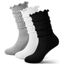 3 Pairs Slouch Ruffle Socks for Women Knit Scrunch Warm Knee Black,white,grey