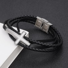 Women Men's Black Braided Leather Bracelet Cross Stainless Steel Cuff Wristband