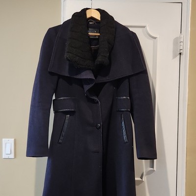 Mackage Women's Navy Long Overcoat Faux Leather Trim Black Collar Size M