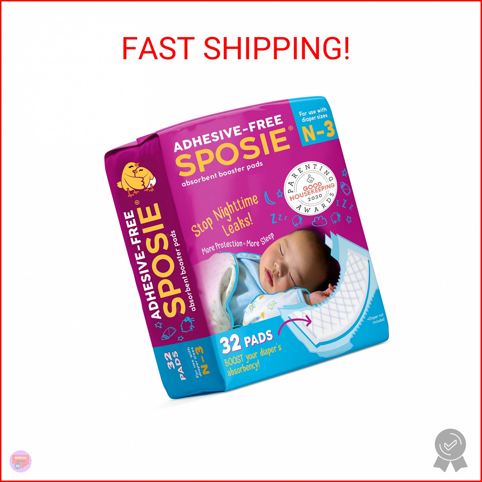Sposie Booster Pads, Stop Overnight Diaper Leaks, Fits sizes Newborn 1 2 3, No A