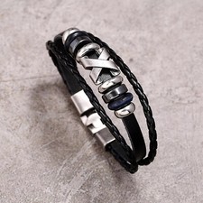 Men's Punk Black Multi Layer Braided Stainless Steel Leather Bracelet Wristband