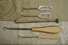 5 Early Button Hooks Advertising Brass Celluloid Monaghan's Shoes Newark Shoes