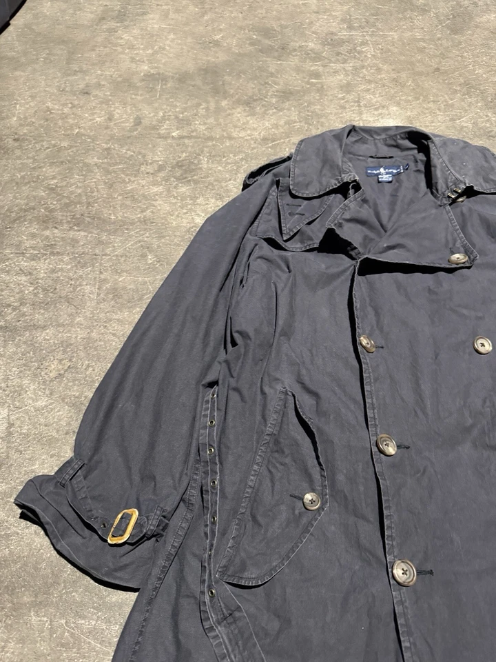 De colección Polo Ralph Lauren Militar Azul Marino Trench Rain Coat Cinturón Largo Cuero Foto 3 de 4