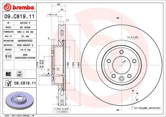Se adapta a Land Rover Range Rover Sport 2014- Range 2012- Disco de freno delantero Brembo Foto 4 de 4