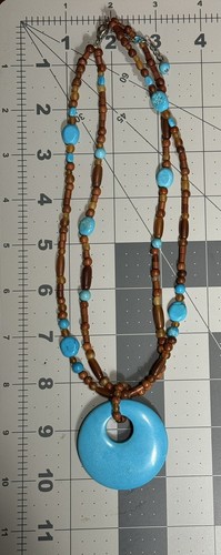 Natural Tourmaline Turquoise and Wood Beads 17" Necklace Drop~ 20” - Picture 6 of 6