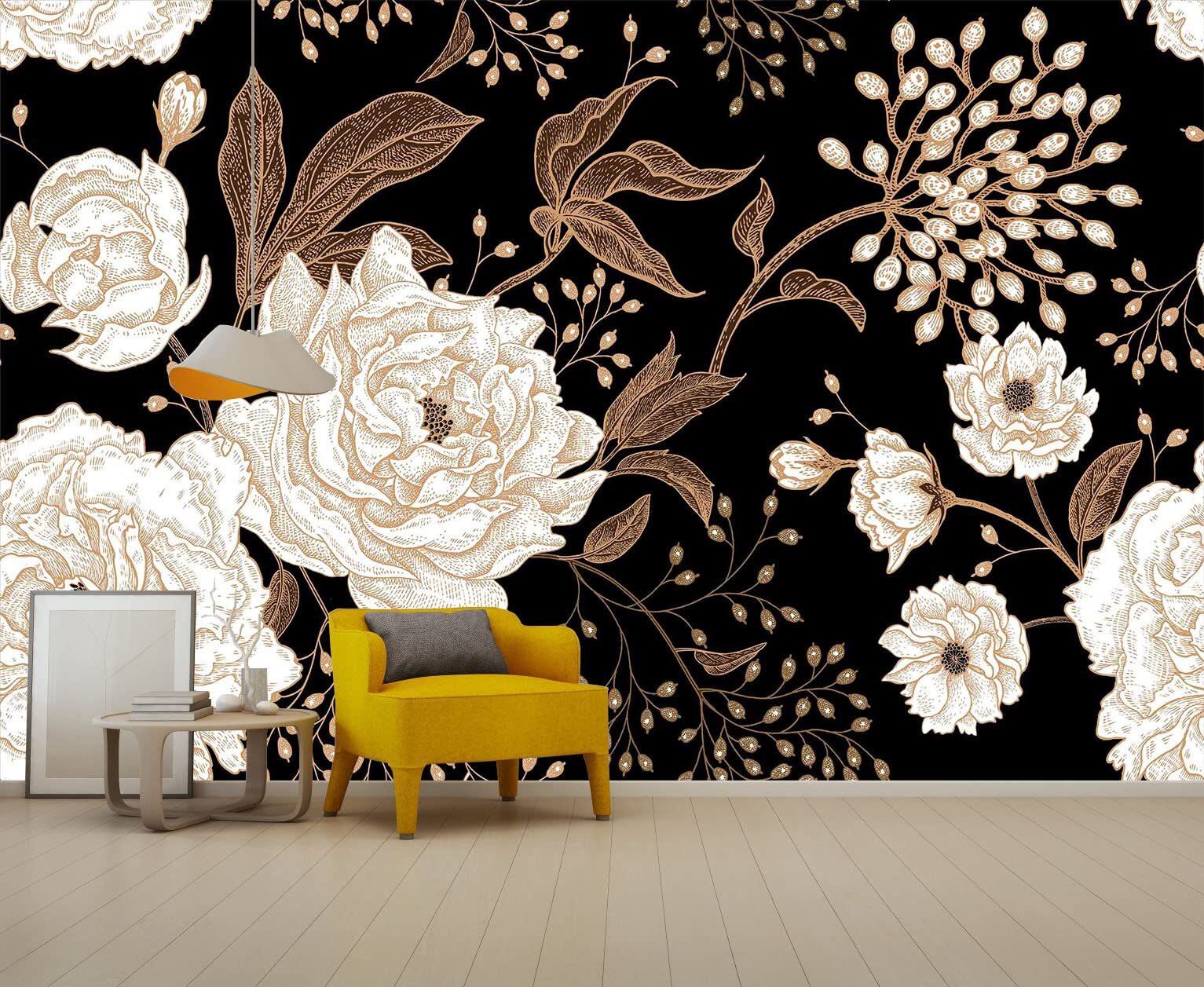 Wall Mural Peonies and Roses Floral Vintage Wallpaper Seamless Gold White Flo...