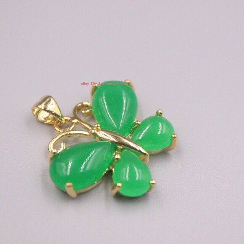 New 18K Yellow GP with Green Jade Butterfly Pendant 0.98inch H Best Gift - Picture 3 of 4