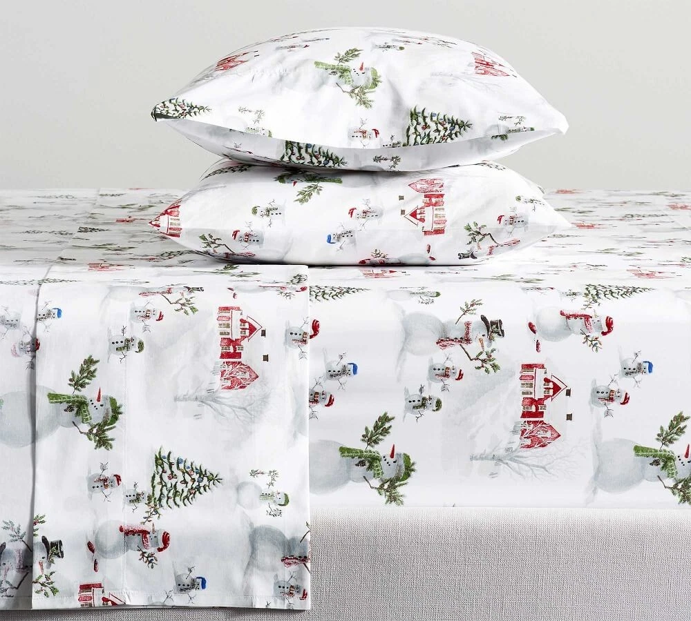 Pottery Barn Snowman Full Christmas Tree Barn Country Sheet Set