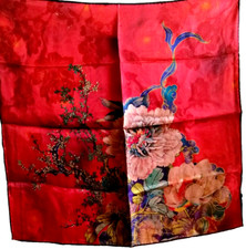 21"x21"Red Flower Print Pure Mulberry Gambiered Canton Gauze Silk Scarf53x53cm42