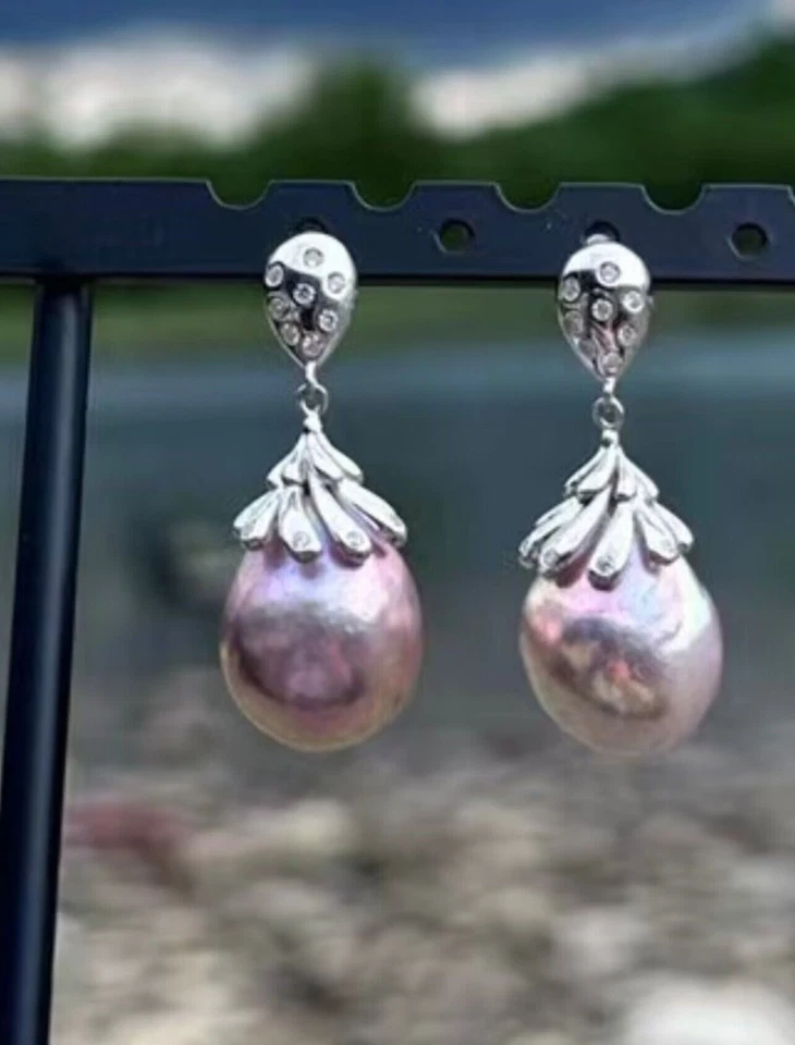 gorgeous 11-12mm south sea baroque lavender pearl dangle earring 925s(mm) - Image 3 of 4