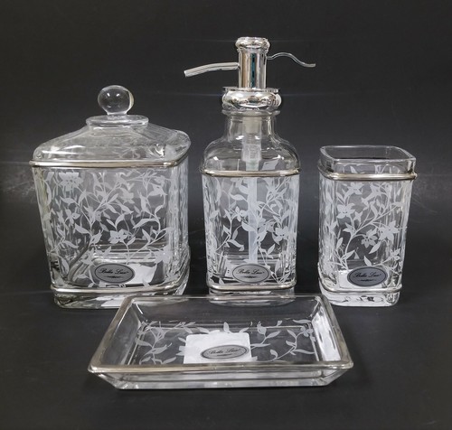 BELLA LUX 4 PC Vetro, Bianco Floreale, Foglia, Argento Sapone Dispenser, Jar , - Foto 2 di 7