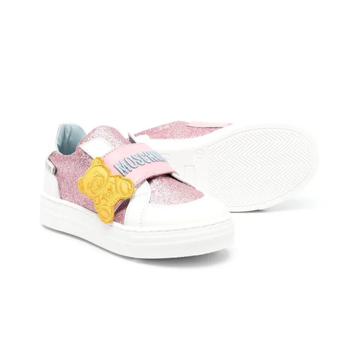 MOSCHINO KIDS SNEAKERS PINK GLITTER TEDDY TOUCH-STRAP TRAINERS IN WHITE SZ 21 - Picture 3 of 4