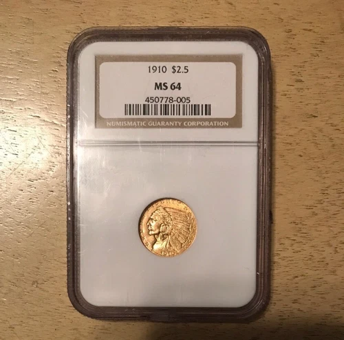 1910 $2.5 Gold Indian Head Quarter Eagle NGC MS64 High Luster Awesome Gold Coin!