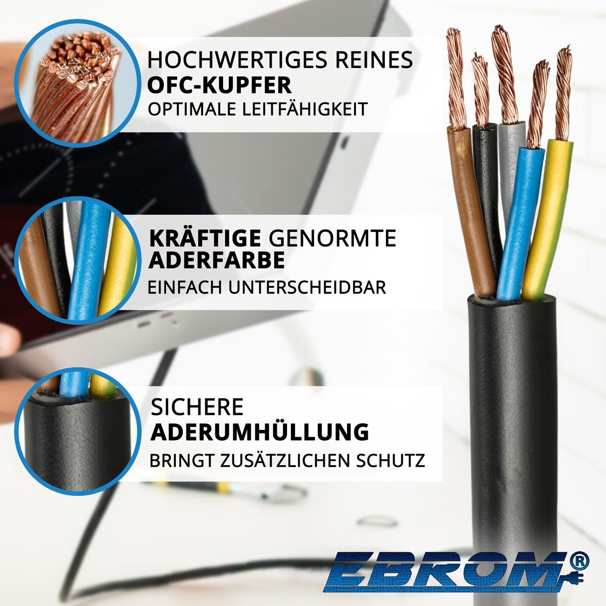 EBROM Herdanschlusskabel H05VV-F 5x2,5 Mm² (5G2,5) – 2,5 M, Weiß, Fertig Konfektioniert Mit Aderendhülsen & Gabelschuhen