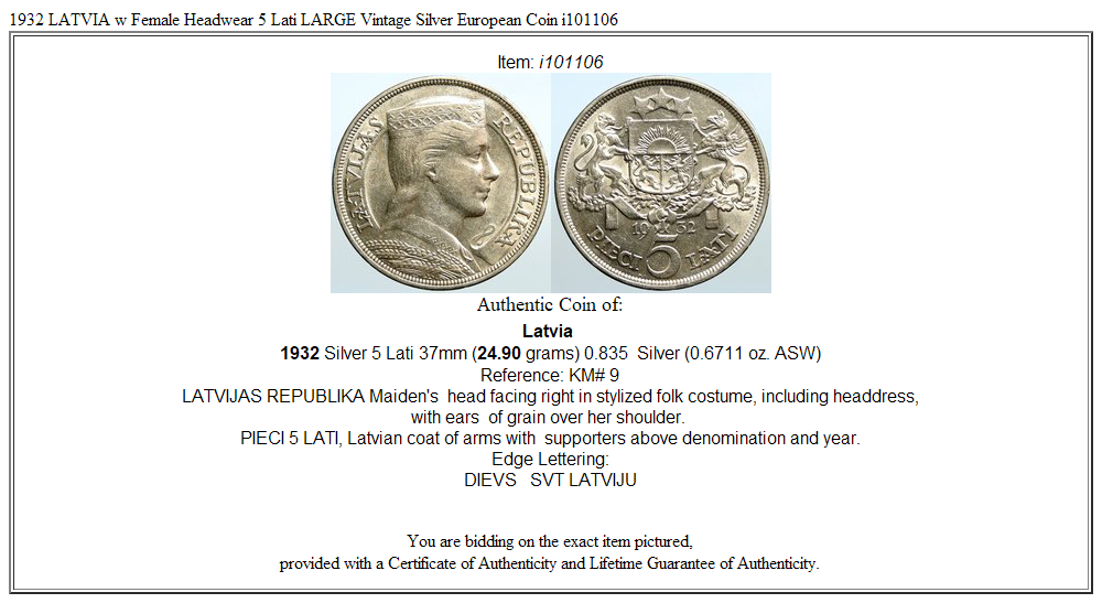 1932 LATVIA w Female Headwear 5 Lati LARGE Vintage Silver European