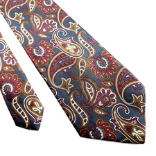 Geoffrey Beene Gray Red Orange Paisley Print Wide Silk Tie