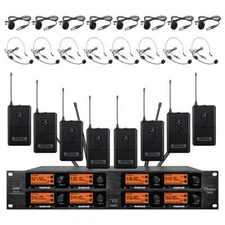  Wireless Microphone System UHF Pro Audio 8 Channel 8 Lavalier Bodypacks Headset