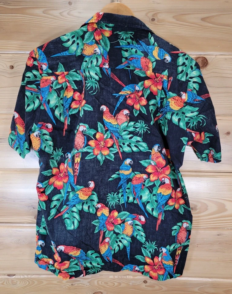Camisa De Colección RJC Hawaiana Botón Hombres Talla Mediana Loro AOP Tropical EE. UU. Negra Foto 3 de 4