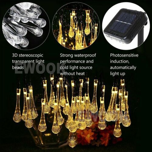 Solar Fairy String Lights 50 LED Raindrop Garden Christmas Outdoor Lighting AU - Picture 7 of 12
