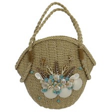 VTG Japan Woven Wicker Shoulder Handbag Blue White Seashells Shells Ocean Beach