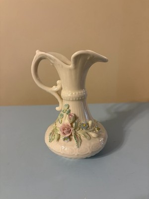 Vintage Belleek Aberdeen Jug/Ewer w/Applied Pink & Blue Roses Flowers Ireland 6 