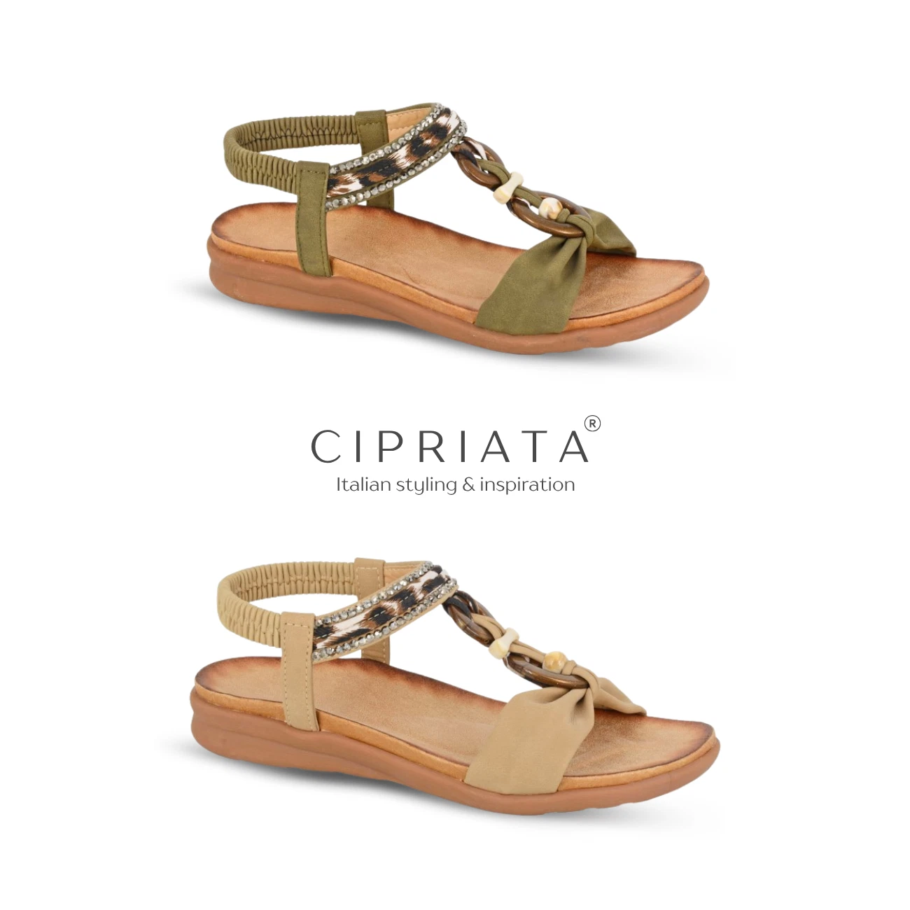 Ladies Strappy Boho Sandals Cipriata Elasticated Halter Back Summer Embellished