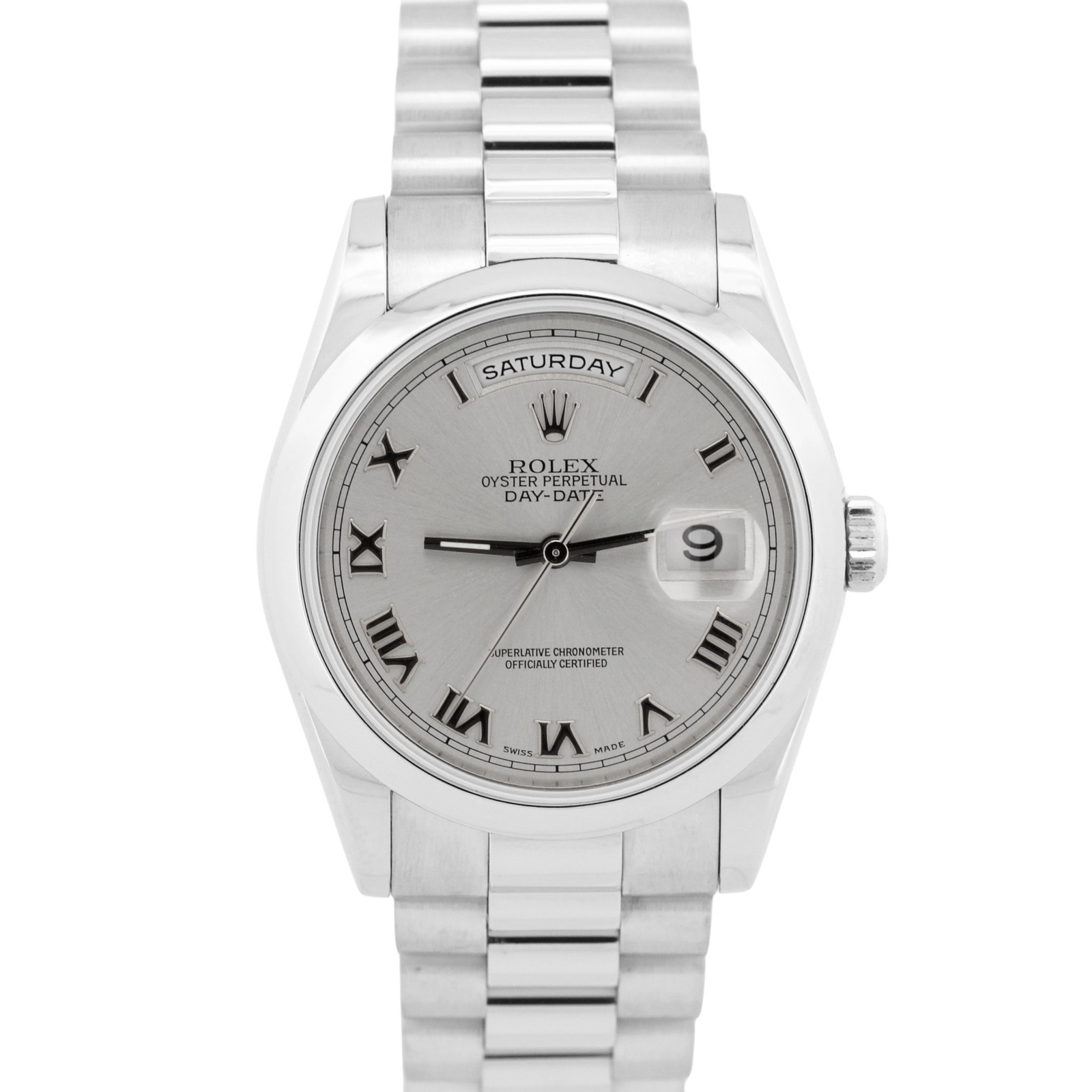 Rolex Day-Date Presidential 36mm SILVER ROMAN 950 Platinum 118206 Watch BOX