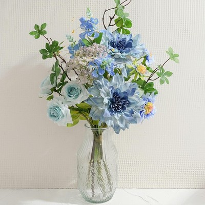 Artificial Flowers in Vase Centerpiece   Blue Dahlia & Rose Arrangement, Coas...