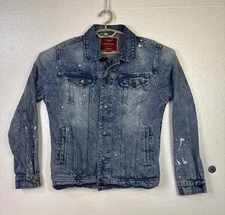 Red Label Patrol Jeans Denim Jacket Womens Sz M Paint Splatter Grunge Hipster