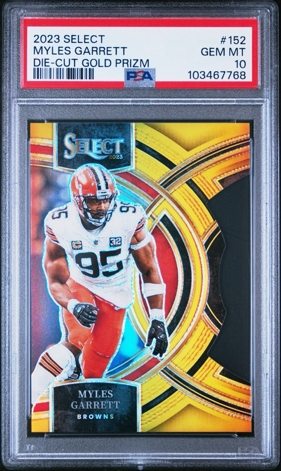 2023 Panini Select Myles Garrett Premier Gold Prizm Die-Cut #152 10/10 PSA 10
